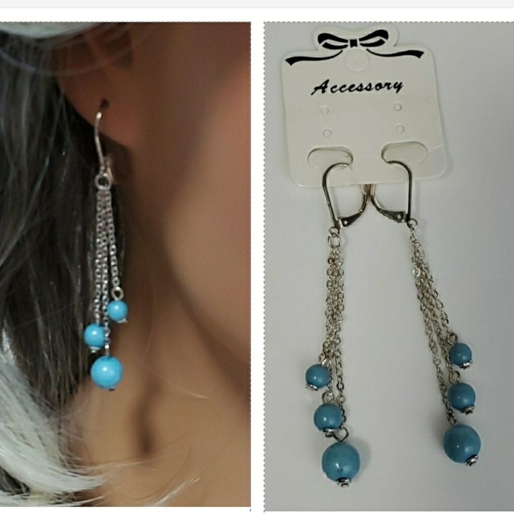 Silver Aqua beads dangling earrings *